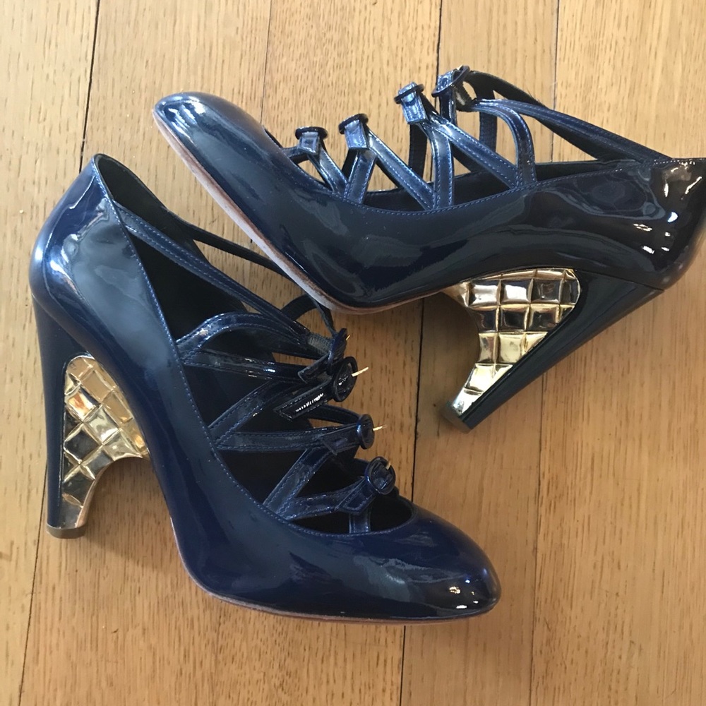 Chanel blue patent leather with gold quilt wedge
